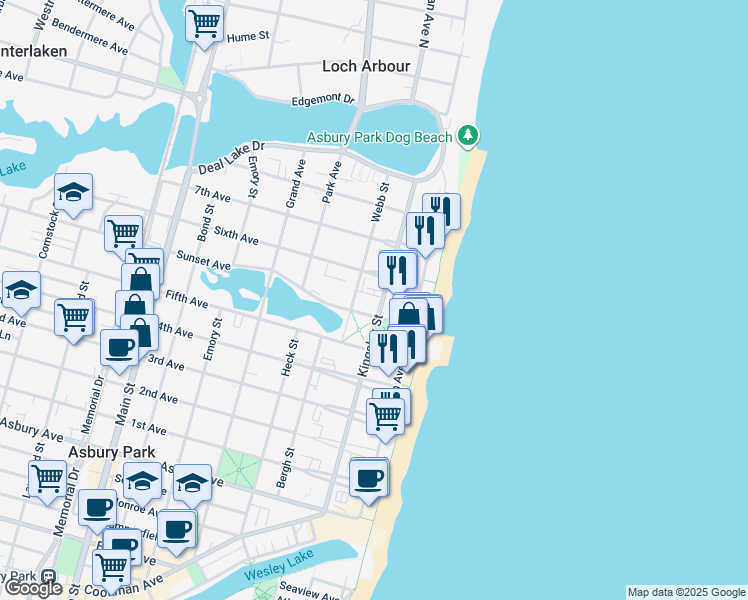 map of restaurants, bars, coffee shops, grocery stores, and more near 1400 Webb Street in Asbury Park