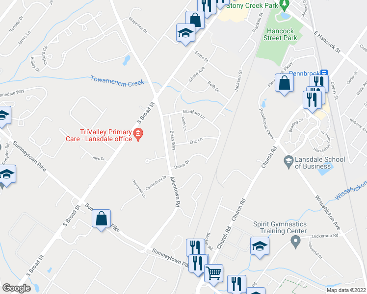 map of restaurants, bars, coffee shops, grocery stores, and more near 142 Eric Lane in Lansdale