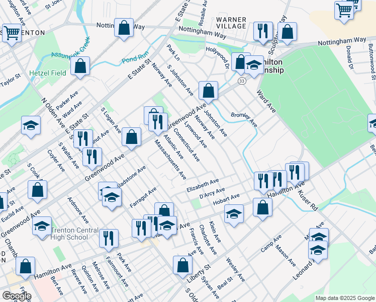 map of restaurants, bars, coffee shops, grocery stores, and more near 391 Connecticut Avenue in Hamilton Township