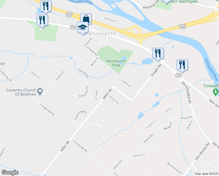 map of restaurants, bars, coffee shops, grocery stores, and more near 917 Miller Road in Pottstown