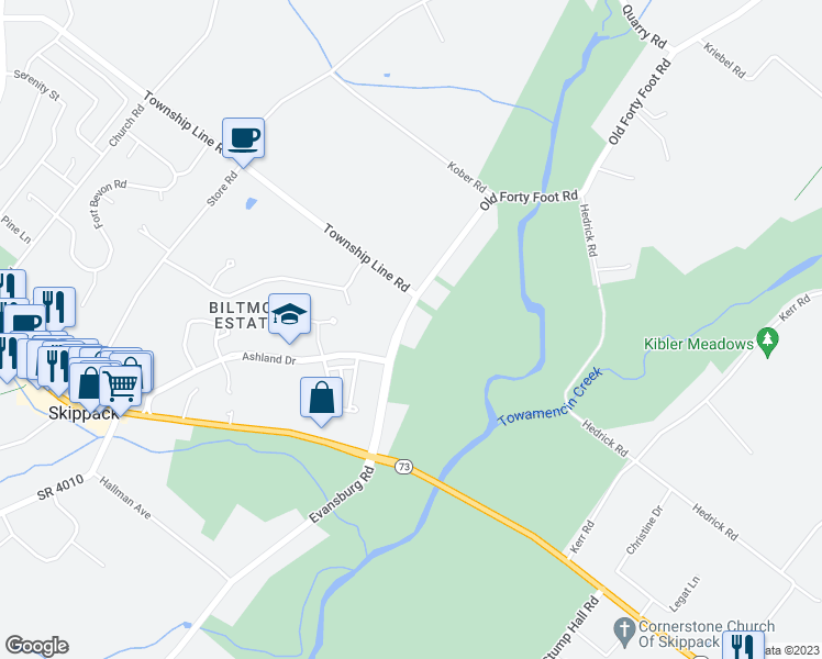 map of restaurants, bars, coffee shops, grocery stores, and more near 2054 Old Forty Foot Road in Harleysville