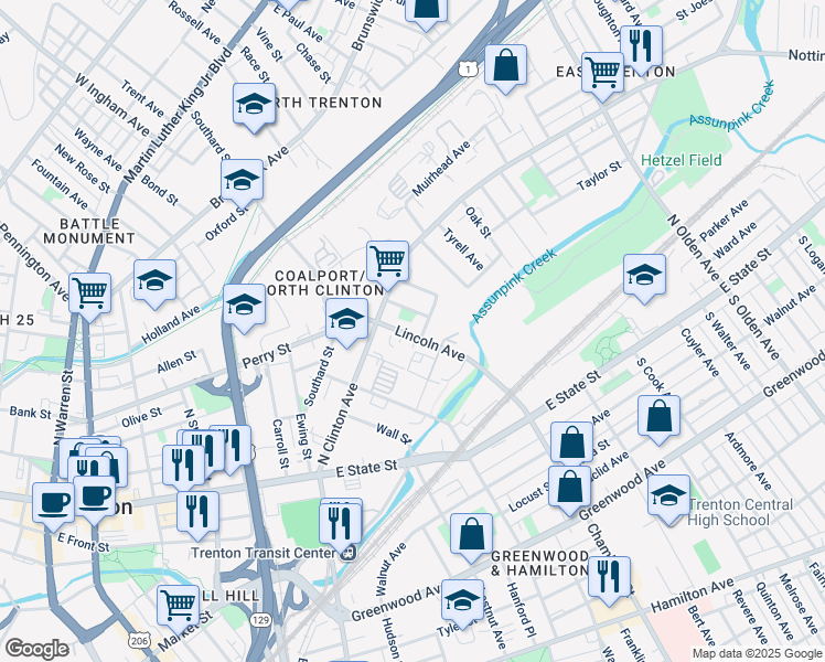 map of restaurants, bars, coffee shops, grocery stores, and more near 46 Lincoln Avenue in Trenton