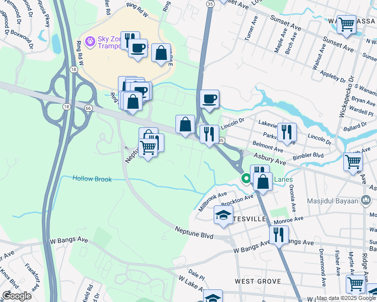 map of restaurants, bars, coffee shops, grocery stores, and more near 101 Cardinal Road in Neptune City