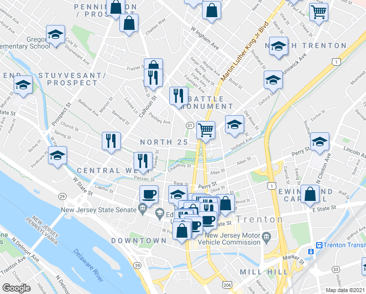 map of restaurants, bars, coffee shops, grocery stores, and more near 40 Tucker Street in Trenton