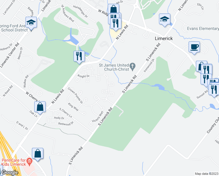 map of restaurants, bars, coffee shops, grocery stores, and more near 1908 Royal Court in Royersford