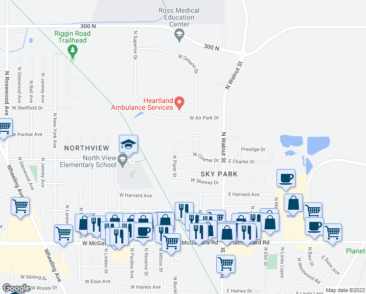 map of restaurants, bars, coffee shops, grocery stores, and more near 405 W Piper Ct in Muncie