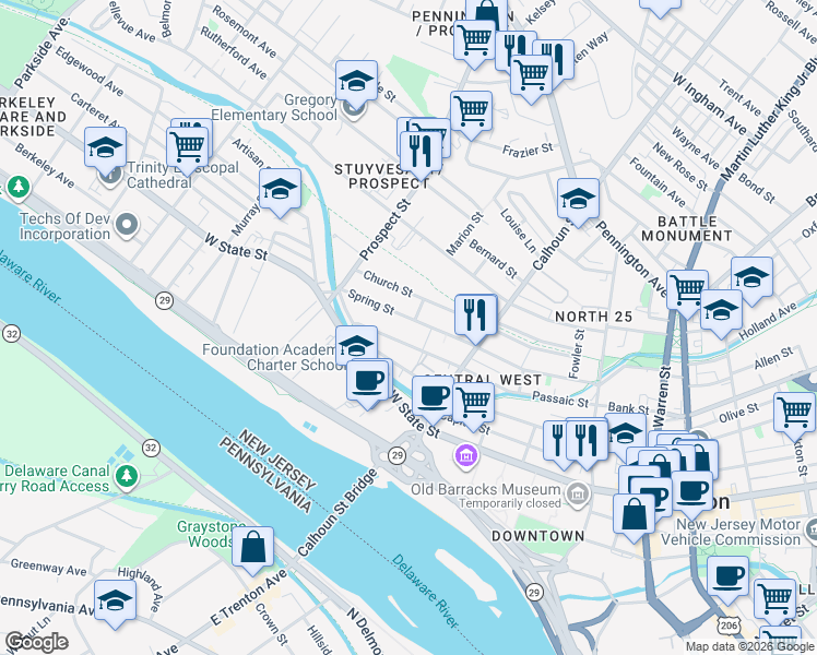 map of restaurants, bars, coffee shops, grocery stores, and more near 269 Spring Street in Trenton