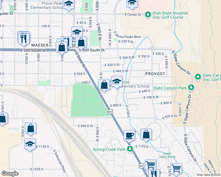 map of restaurants, bars, coffee shops, grocery stores, and more near 629 South 1000 East Street in Provo