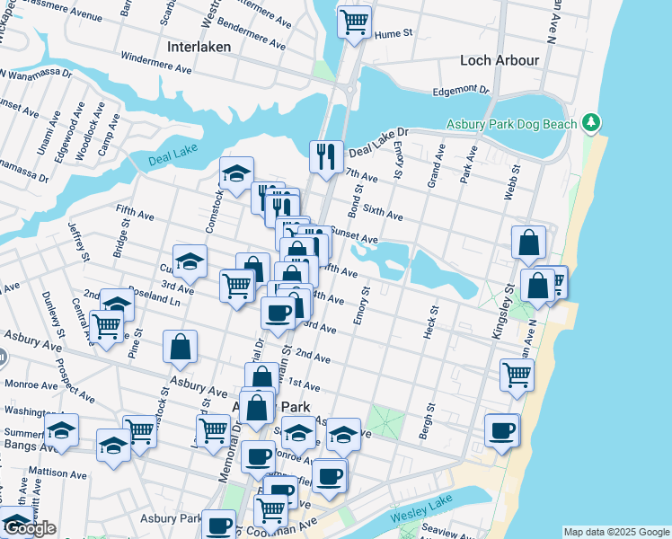 map of restaurants, bars, coffee shops, grocery stores, and more near 700 5th Avenue in Asbury Park