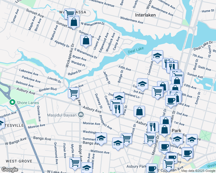 map of restaurants, bars, coffee shops, grocery stores, and more near 1316 3rd Avenue in Asbury Park