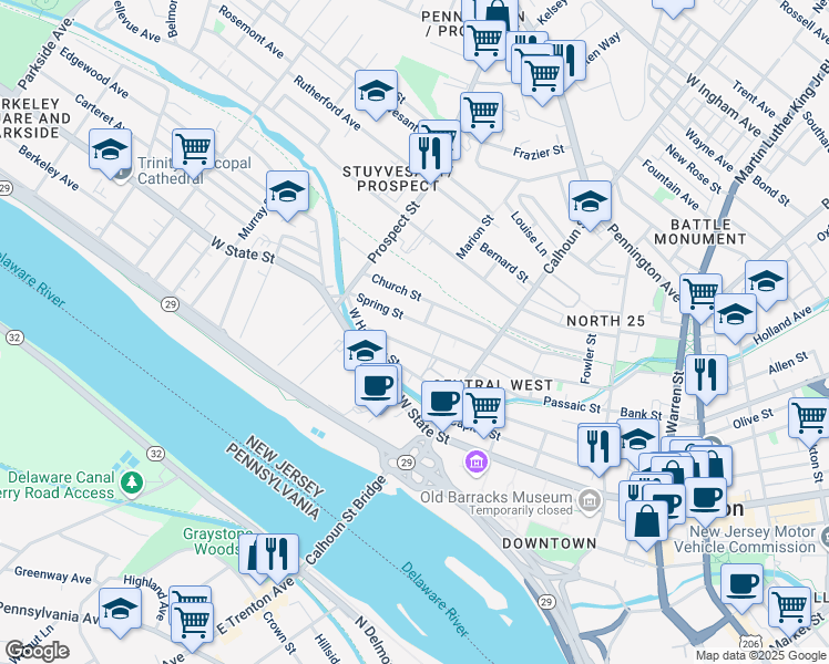 map of restaurants, bars, coffee shops, grocery stores, and more near 269 Spring Street in Trenton