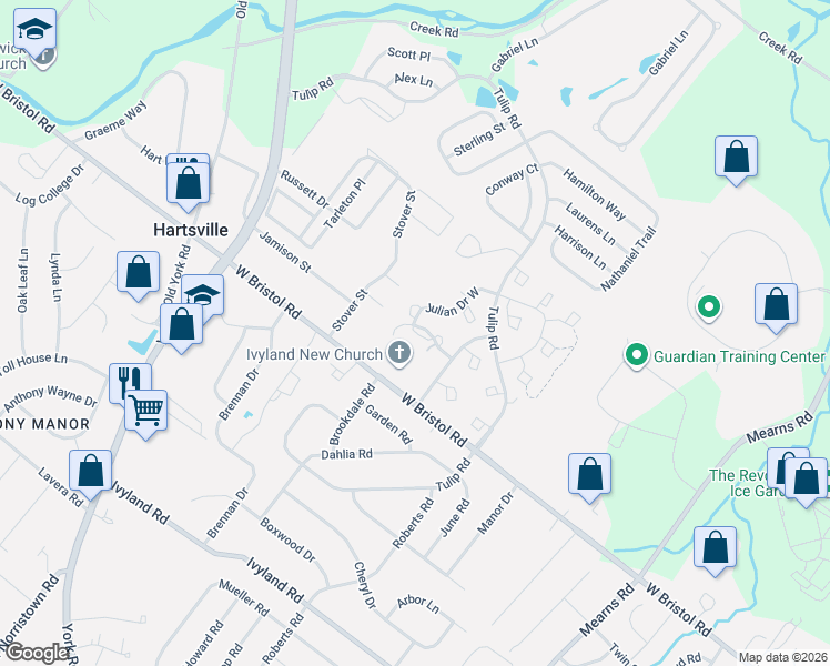 map of restaurants, bars, coffee shops, grocery stores, and more near 201 Strawberry Court in Warwick