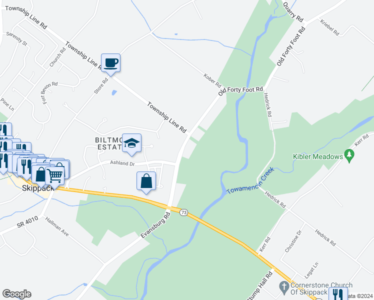 map of restaurants, bars, coffee shops, grocery stores, and more near 2054 Old Forty Foot Road in Harleysville