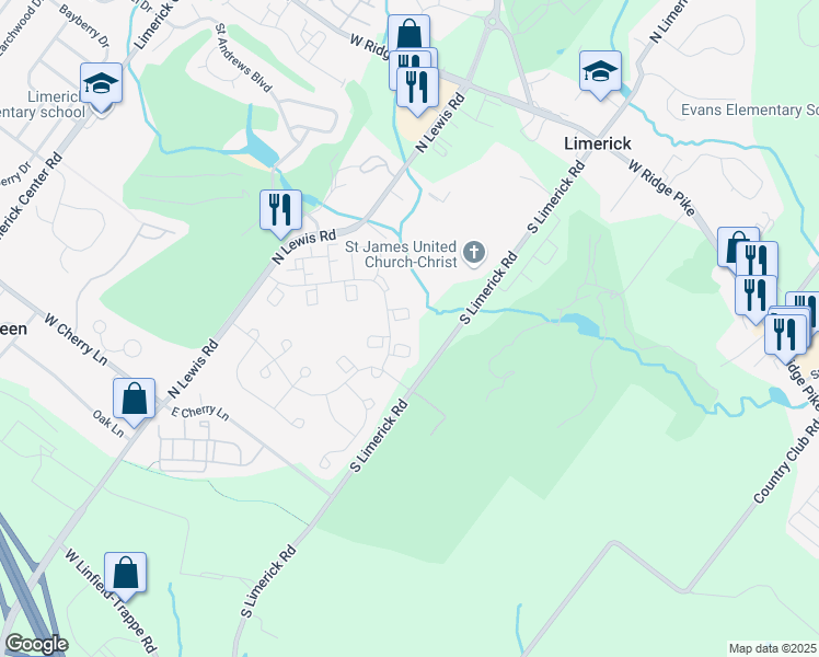 map of restaurants, bars, coffee shops, grocery stores, and more near 1902 Royal Court in Royersford