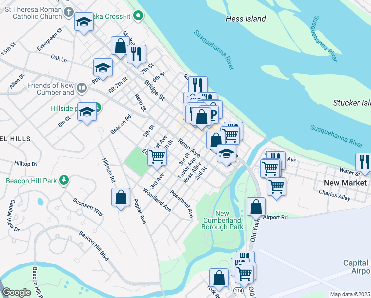 map of restaurants, bars, coffee shops, grocery stores, and more near 308 Reno Avenue in New Cumberland