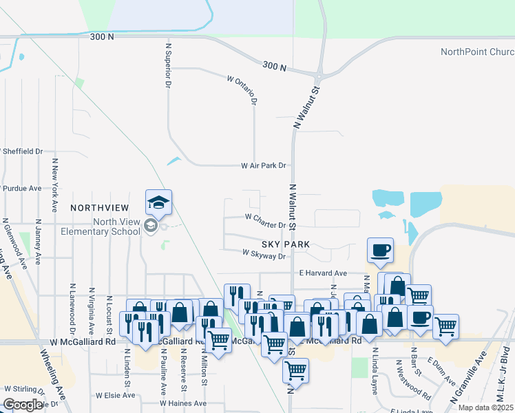 map of restaurants, bars, coffee shops, grocery stores, and more near 3905 North Franklin Street in Muncie