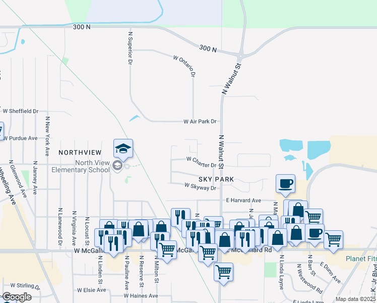 map of restaurants, bars, coffee shops, grocery stores, and more near 3905 North Franklin Street in Muncie