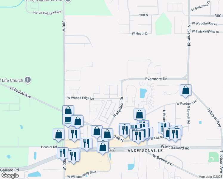 map of restaurants, bars, coffee shops, grocery stores, and more near 4222 West Woods Edge Lane in Muncie