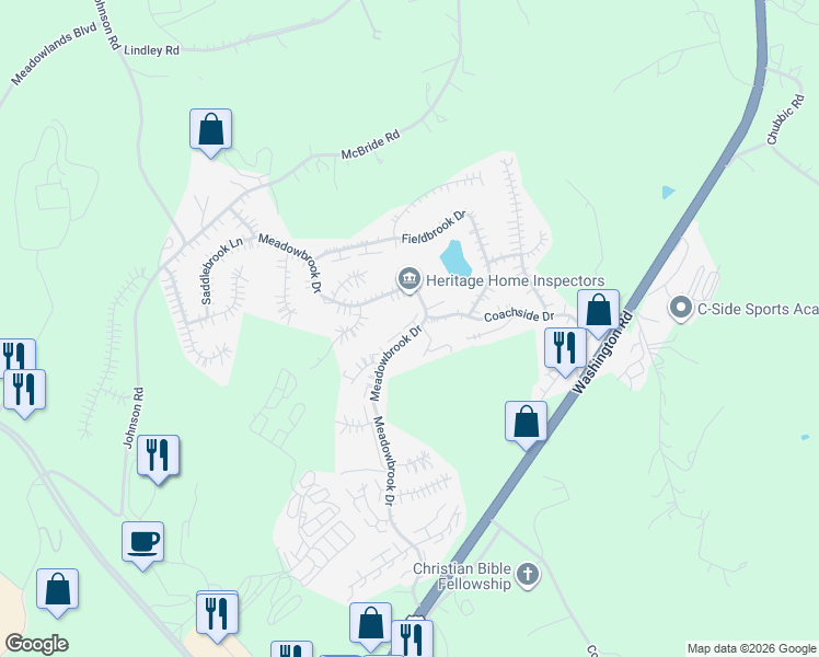 map of restaurants, bars, coffee shops, grocery stores, and more near 1216 Meadowbrook Drive in Canonsburg