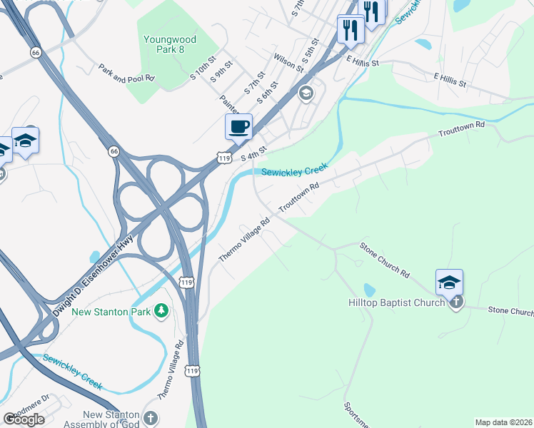 map of restaurants, bars, coffee shops, grocery stores, and more near 145 Stone Church Road in Jeannette
