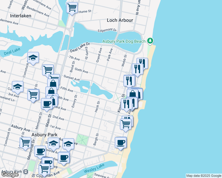 map of restaurants, bars, coffee shops, grocery stores, and more near 309 Sunset Avenue in Asbury Park
