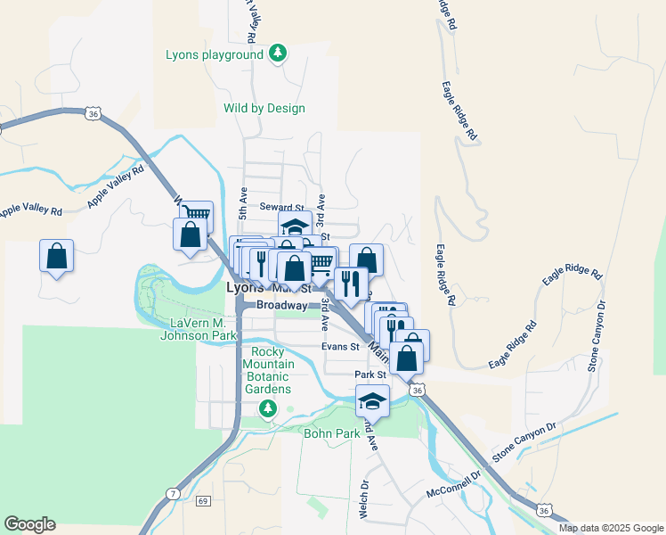 map of restaurants, bars, coffee shops, grocery stores, and more near 622 3rd Avenue in Lyons