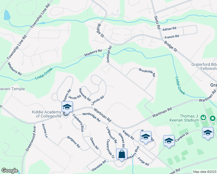 map of restaurants, bars, coffee shops, grocery stores, and more near 202 Eisenhower Lane in Collegeville