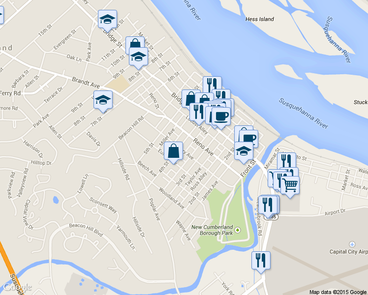 map of restaurants, bars, coffee shops, grocery stores, and more near 424 4th St in New Cumberland