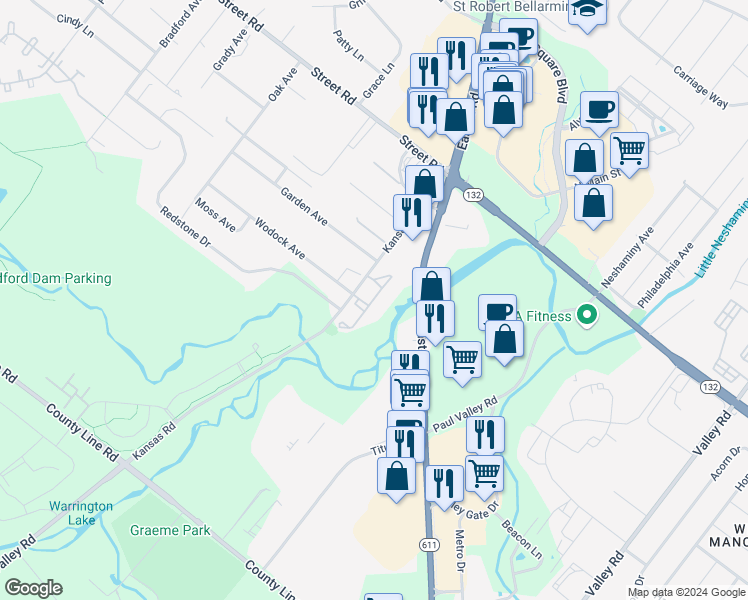 map of restaurants, bars, coffee shops, grocery stores, and more near 3011 Creekside Court in Warrington