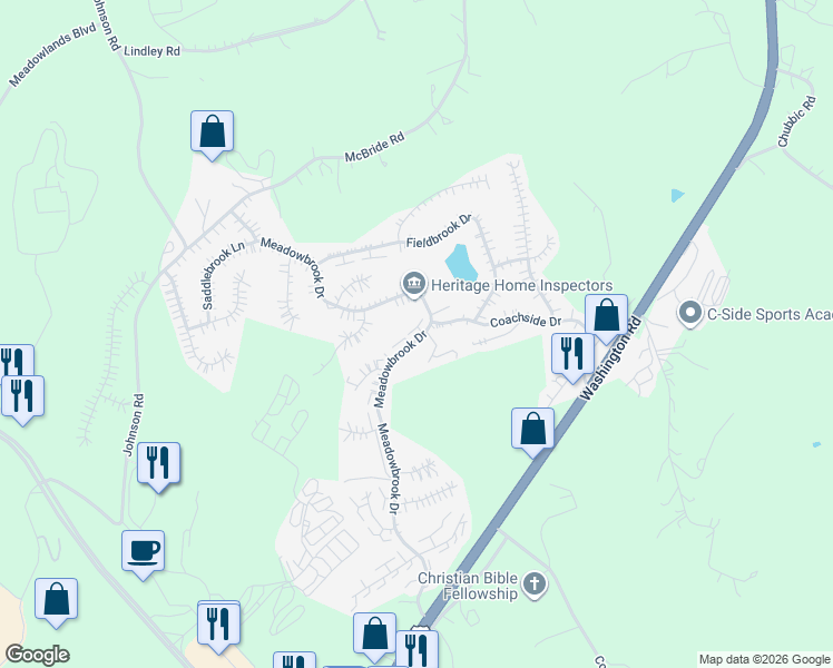 map of restaurants, bars, coffee shops, grocery stores, and more near 1216 Meadowbrook Drive in Canonsburg