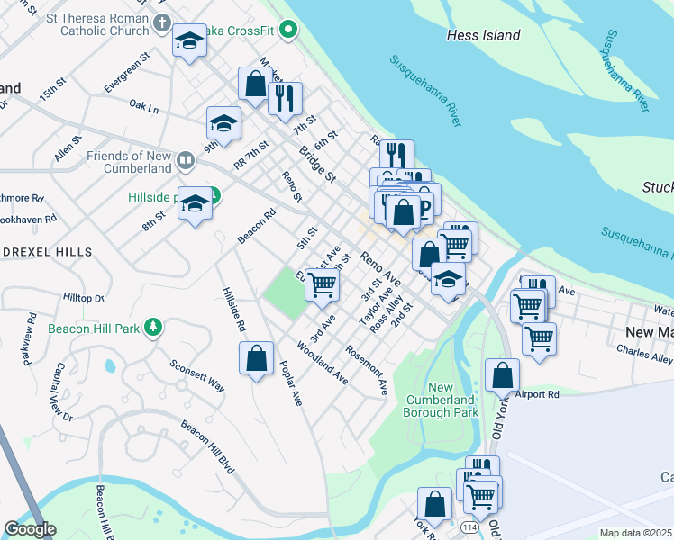 map of restaurants, bars, coffee shops, grocery stores, and more near 498 4th Street in New Cumberland