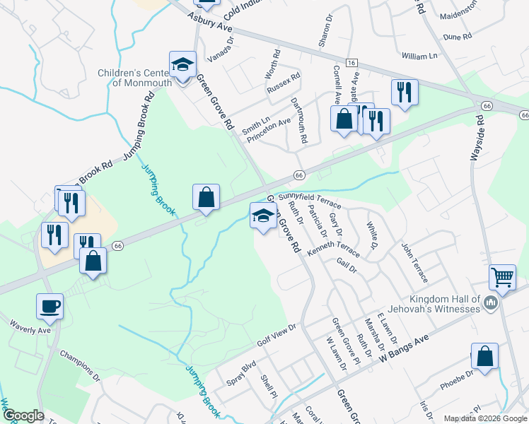 map of restaurants, bars, coffee shops, grocery stores, and more near 919 Green Grove Road in Neptune City