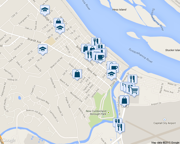 map of restaurants, bars, coffee shops, grocery stores, and more near 308 Reno Ave in New Cumberland