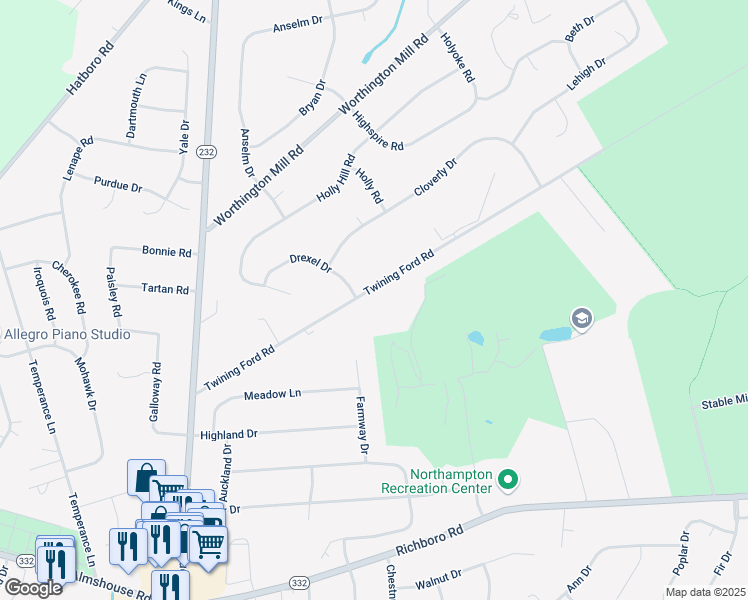 map of restaurants, bars, coffee shops, grocery stores, and more near 65 Richboro Road in Richboro
