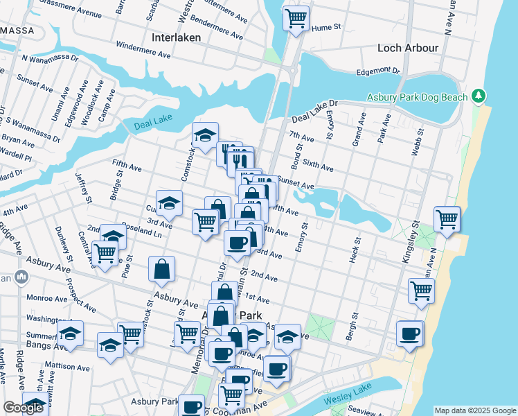 map of restaurants, bars, coffee shops, grocery stores, and more near 1217 Main Street in Asbury Park