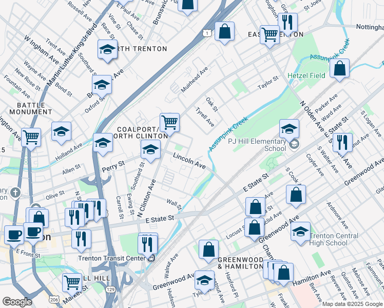 map of restaurants, bars, coffee shops, grocery stores, and more near 20 Seward Avenue in Trenton