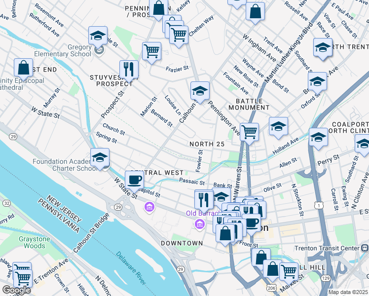 map of restaurants, bars, coffee shops, grocery stores, and more near 67 1/2 Bellevue Avenue in Trenton