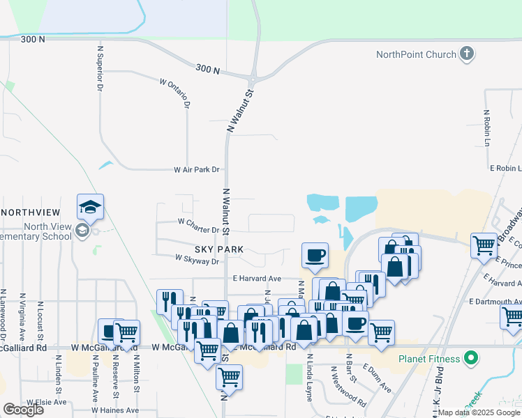 map of restaurants, bars, coffee shops, grocery stores, and more near 212 E Prestige Drive in Muncie
