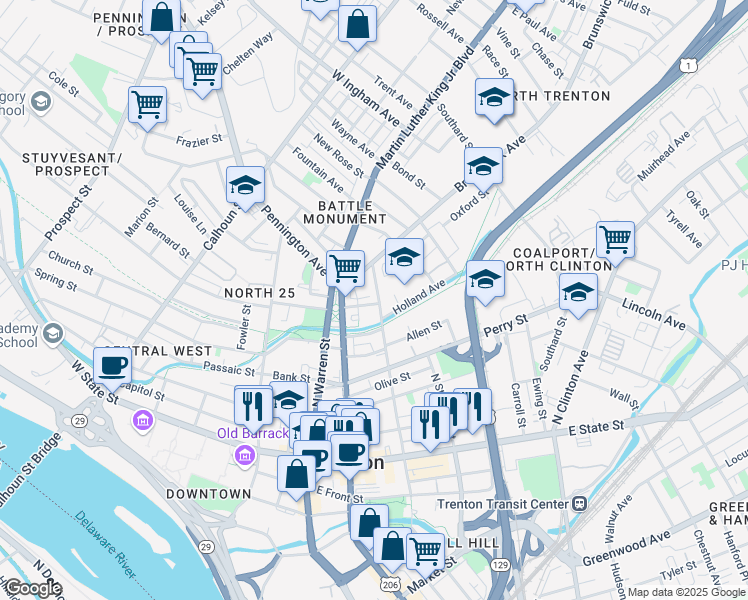 map of restaurants, bars, coffee shops, grocery stores, and more near 219 North Montgomery Street in Trenton