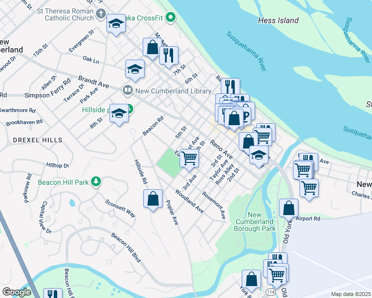 map of restaurants, bars, coffee shops, grocery stores, and more near 414 Geary Avenue in New Cumberland