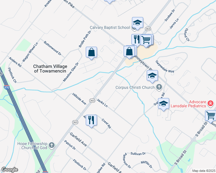 map of restaurants, bars, coffee shops, grocery stores, and more near 1633 South Valley Forge Road in Lansdale