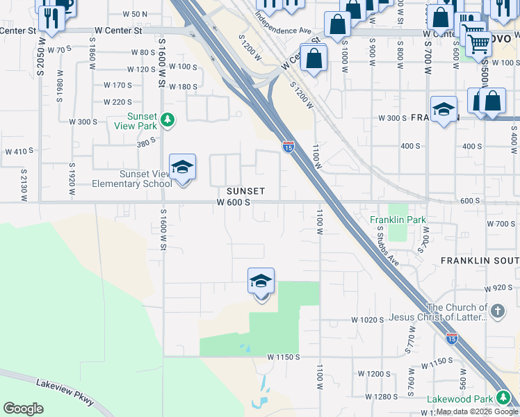 map of restaurants, bars, coffee shops, grocery stores, and more near 1303 West 600 South in Provo