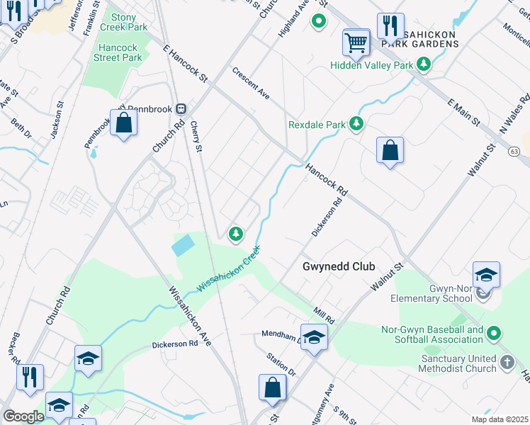 map of restaurants, bars, coffee shops, grocery stores, and more near 709 Willow Street in Lansdale