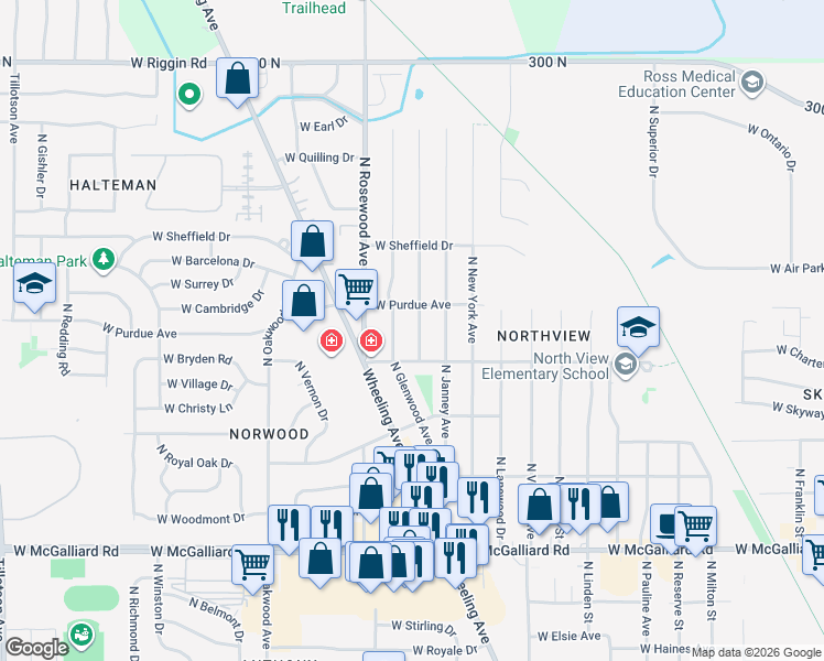 map of restaurants, bars, coffee shops, grocery stores, and more near 4001 N Ball Ave in Muncie