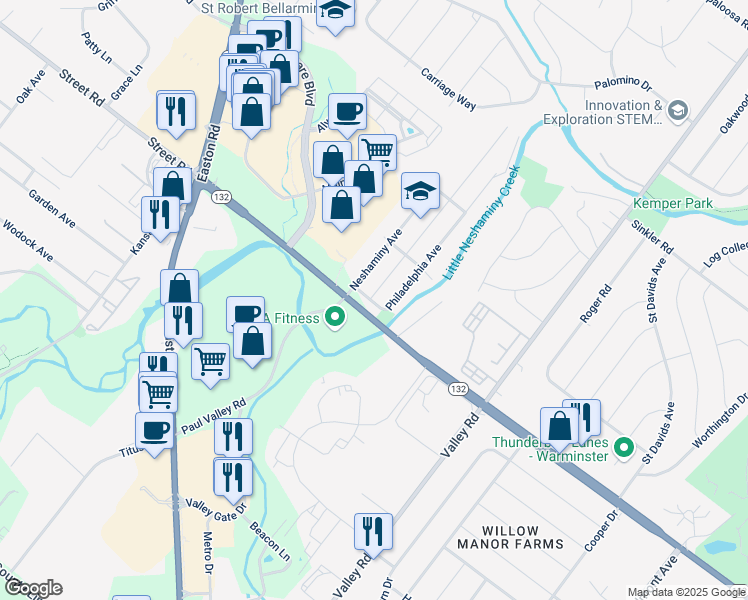map of restaurants, bars, coffee shops, grocery stores, and more near 607 Meehan Drive in Warrington