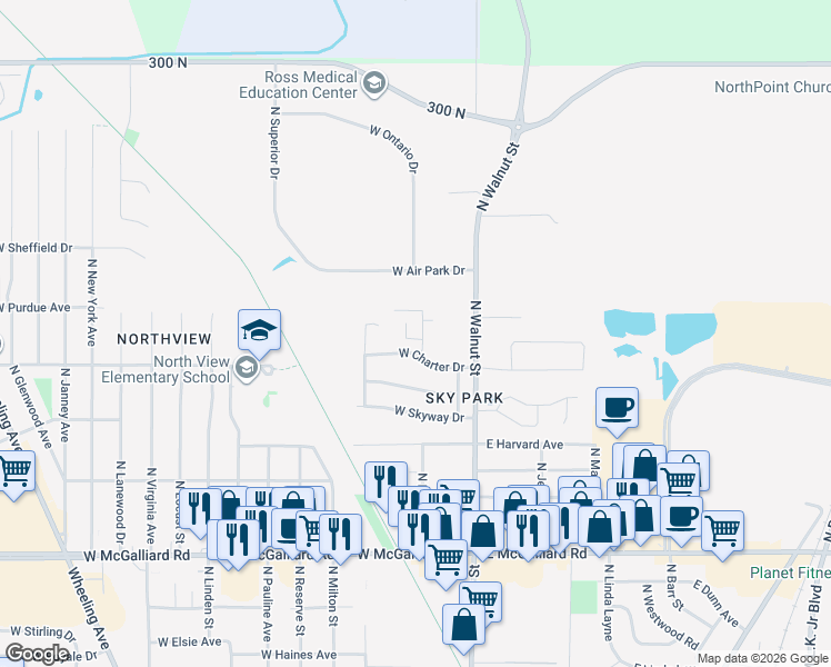 map of restaurants, bars, coffee shops, grocery stores, and more near 3905 North Franklin Street in Muncie