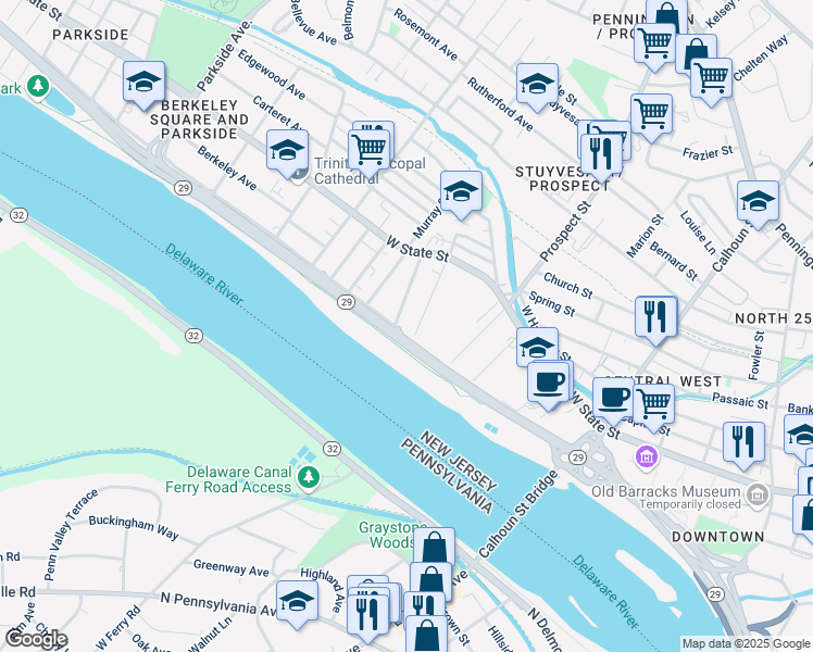 map of restaurants, bars, coffee shops, grocery stores, and more near 462 Riverside Avenue in Trenton