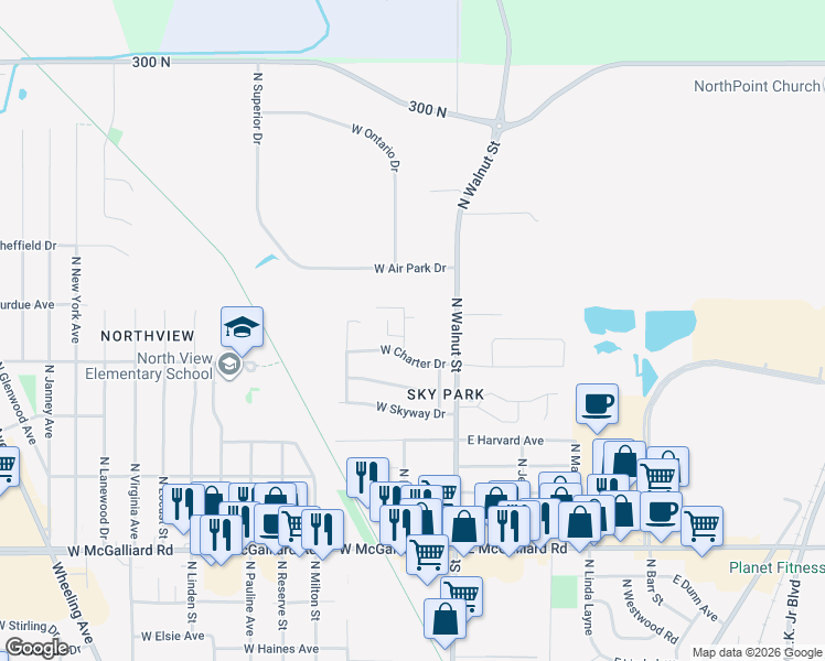 map of restaurants, bars, coffee shops, grocery stores, and more near 3905 North Franklin Street in Muncie