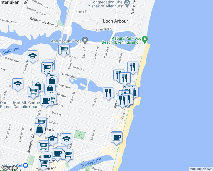 map of restaurants, bars, coffee shops, grocery stores, and more near 309 Sunset Avenue in Asbury Park