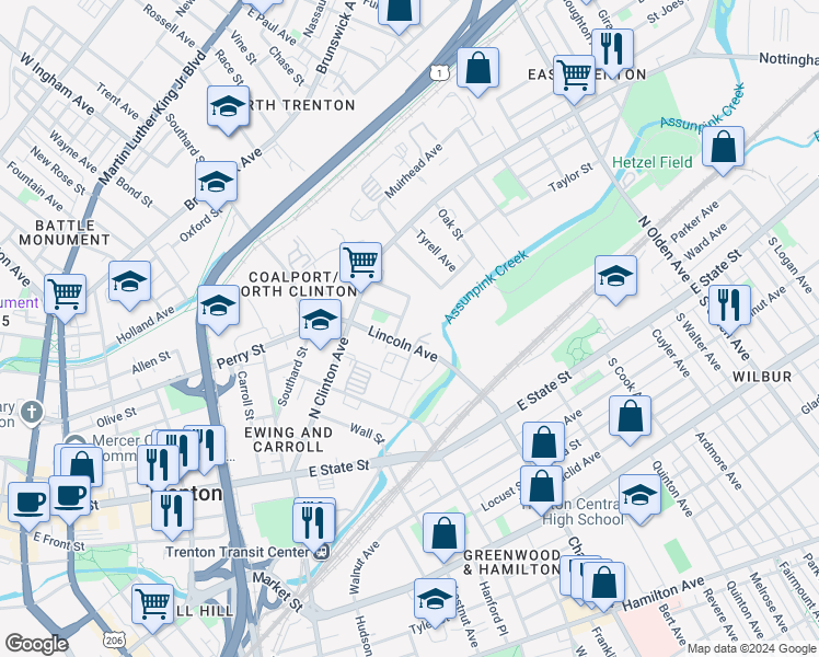 map of restaurants, bars, coffee shops, grocery stores, and more near 22 Seward Avenue in Trenton